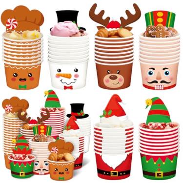 Imagem de Qinyoung Conjunto de 120 copos de papel de Natal de 227 g Copos de papel descartáveis para lanche com tema de petisco de Natal, tigelas de sobremesa, boneco de neve, tigela de alce, sorvete, sobremesa