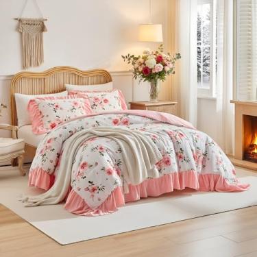 Imagem de UOZZI BEDDING Conjunto de edredom com babados, estampa floral, reversível, 800 fios, para adultos, para meninas, 1 edredom de microfibra com 2 fronhas URBZ128-Q