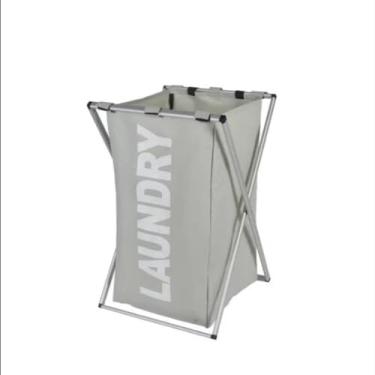 Imagem de Cesto Organizador Dobrável para Roupas Sujas Estrutura Cromada TNT Cinza para Lavanderia Banheiro e Quarto