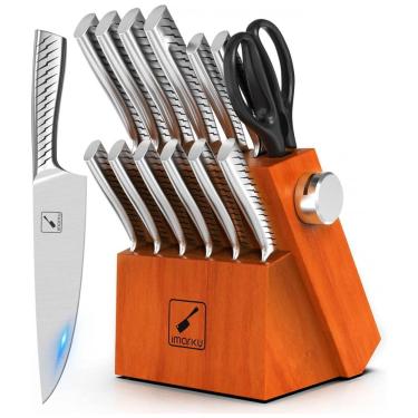 Imagem de Conjunto de Facas com Bloco de Bancada e Afiador Embutido, 14 Peças, Imarku, Prata