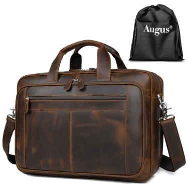 Imagem de Bolsa, Pasta de Couro para Laptop Masculina, AUGUS, Marrom Escuro