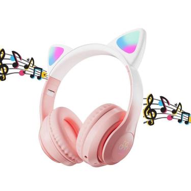 Imagem de Fone De Ouvido Gatinho Bluetooth Rosa Led Feminina Infantil