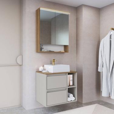 Imagem de Conjunto para Banheiro Gabinete Suspenso 60cm com Cuba Espelheira com Led Cj8005.40 Mel/Arenas