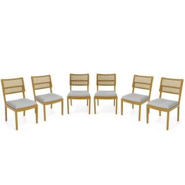 Imagem de Kit Com 6 Cadeiras Milena Madeira Maciça Assentos Estofados Encostos De Tela Palha Sextavada