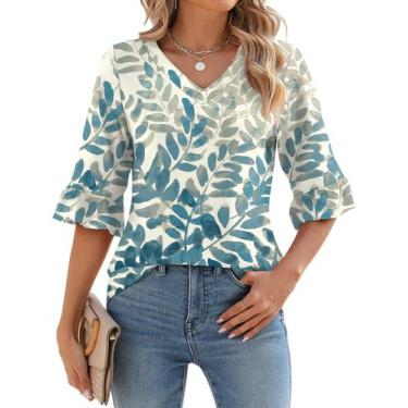 Imagem de Blusa feminina LOMON, manga 3/4, ilhó, manga de sino, branca, azul