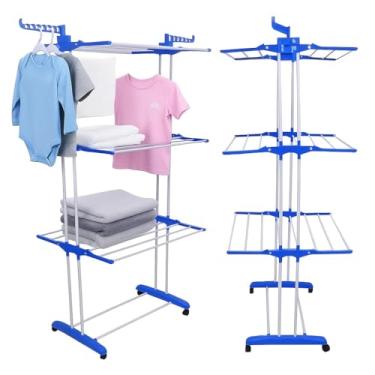 Imagem de Varal de Chão Dobrável com Rodinhas Reforçadas, 3 Andares Retráteis, Suporta Até 30 Kg, Aço Inoxidável Antiferrugem, Ideal para Roupas, Toalhas e Secagem Rápida em Apartamentos e Áreas Internas