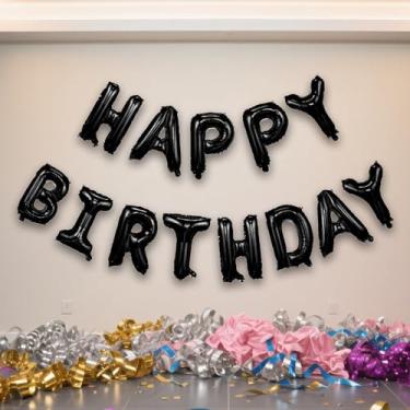 Imagem de Balões de feliz aniversário banner 40,6 cm preto alumínio letras balões decorações de festa reutilizável Mylar aniversário para mulheres homens crianças adultos suprimentos de festa
