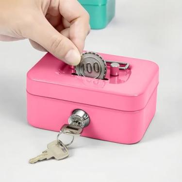 Imagem de Seguro para caixa de dinheiro de aço médio, cofre para dinheiro com bandeja removível para moedas, 20 x 16 x 9 cm, rosa