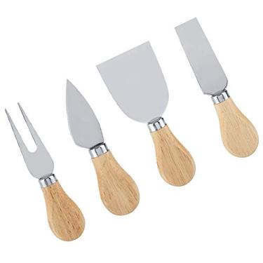 Imagem de Conjunto de 4 facas de queijo com alças de madeira para fatiar com precisão, ferramentas de corte de queijo gourmet para tábuas de queijo, presentes divertidos, aço inoxidável