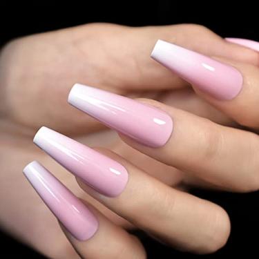 Imagem de Unhas de pressão de caixão longo reutilizáveis unhas base rosa reutilizável conjunto de unhas falsas com ferramentas de manicure salões em casa top branco
