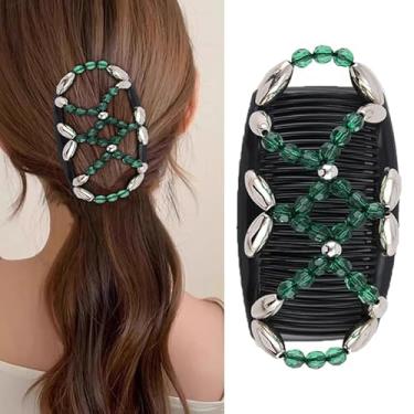 Imagem de 1 pente feminino com presilha de cabelo dupla face, elegante prendedor de contas para rabos de cavalo meio acima e em cascata, acessórios de cabeça multiuso - verde escuro