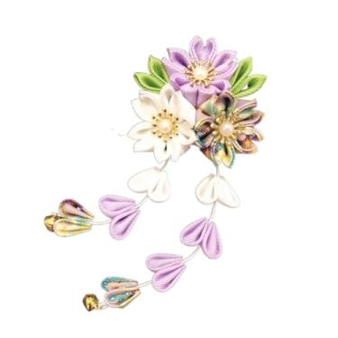 Imagem de Grampo de cabelo com flor de borla, fofo, pano, flor, todos combinados, feitos à mão, quimono japonês, acessório para a cabeça (roxo)