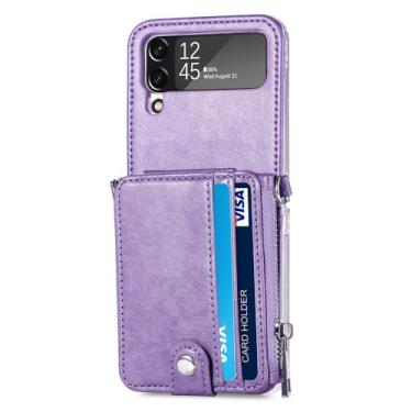 Imagem de Capa de couro para celular com compartimento para cartão para Samsung Galaxy Z Flip4 flip5 5G Flip 5 4 flip3 flip 3 Zflip4 com alça de telefone capa carteira, roxa, para Samsung z flip 3