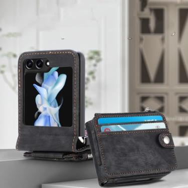 Imagem de Para Samsung Z Flip 5 Proteção Bolsa de couro vintage para Samsung Galaxy Z Flip 5 5G Flip5 Zflip5 Suporte para cartão Funda, preta, para Samsung Z Flip 5