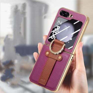 Imagem de Capa de couro para celular para Samsung Galaxy Z Flip 5 Flip5 Flip4 Flip 4 5G Proteção contra quedas Capa de filme de vidro temperado, roxa, para Samsung Z Flip 4