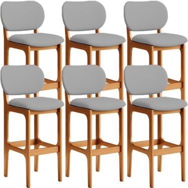 Imagem de Kit 06 Banquetas Alta Para Cozinha Madeira Fixa Betta L02 Imbuia Corano Cinza - Lyam Decor