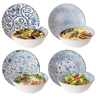 Imagem de YALONG Conjunto de 4 tigelas de ramen Pho de 1,134 g – Tigelas de sopa grandes de cerâmica de 20 cm para macarrão e Udon, estilo japonês azul e branco, seguro para micro-ondas e lava-louças