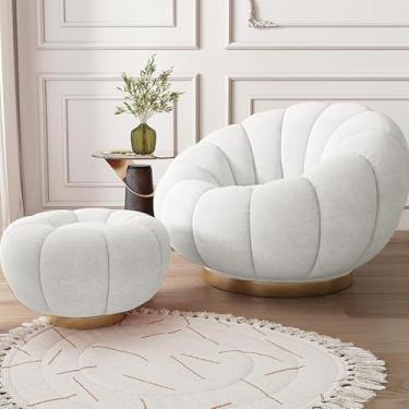 Imagem de Cadeiras Giratórias Accet, Cadeira De Lazer Roud Com Ottoma, Confortável Cadeira De Banheira De Barril Giratório De 360 Graus Para Quarto De Sala De Leitura, White+pedals, One Size