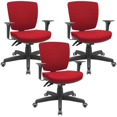 Imagem de Kit 03 Cadeiras de Escritório Executiva Giratória Preto Baixa Flexi P03 Poliéster Vermelho - Lyam