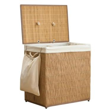 Imagem de Cesto de roupa suja com tampa, cesto de roupa grande de 150 litros, 2 sacos de forro removíveis, cesto de roupas de vime sintético com bolso lateral, organização de lavanderia para banheiro