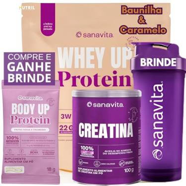 Imagem de Kit Whey Up Protein Creatina Monohidratada Pure Coqueteleira Sanavita - Kit Creatina Monohidratada 100% Pure + Whey Isolado Concentrado e Hidrolisado 22g Proteína + Shakeira - Sanavita - Desempenho Físico - Força - Saúde (Whey Up Baunilha&Caramelo + Creatina 100g Pure)