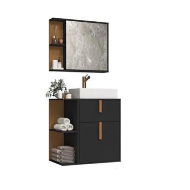 Imagem de Kit Armário Organizador Gabinete P/Banheiro Com Espelheira E Cuba2 Portas (Argos Preto Com Nature)