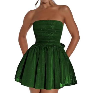 Imagem de Vestido de boas-vindas Blawhee Glitter Tule sem alças verde escuro