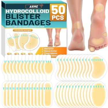 Imagem de Arme Bandagens hidrocolóides, 50 unidades de bandagens de gel para pés, almofadas de bolhas impermeáveis para prevenção e recuperação, bandagens para proteção do calcanhar e dos pés (pacote com 4