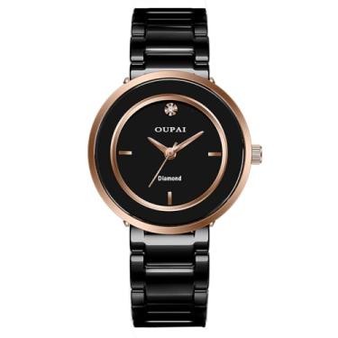 Imagem de OUPAI Relógio feminino com pulseira de cerâmica preta com detalhes de diamante, Ouro rosa, Relógios modernos