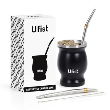 Imagem de Ufist Conjunto de copos de erva-mate, inclui cabaça mate clássica de aço inoxidável Argentina 238 g, 2 canudos Bombilla e escova limpa (preto)
