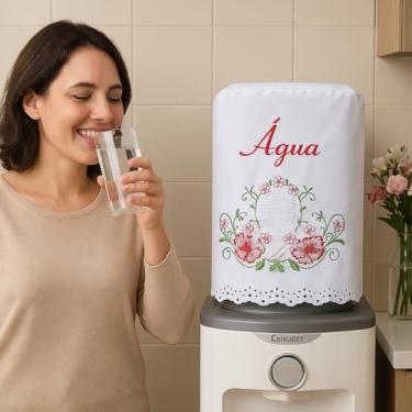 Imagem de Artesãos Do Ceará Capa Protetora para Garrafão de Água, Bordado Floral, Branco, 20L, Tecido Artesanal, Acabamento em Renda, Feito no Ceará