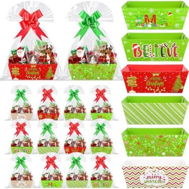 Imagem de AmazingSpark Kit DIY de 72 cestas de presente de Natal, vazias para encher, 24 cestas (24 x 21 cm), 24 sacos transparentes para cestas 24 laços, mercado de personagens de desenhos animados engraçados