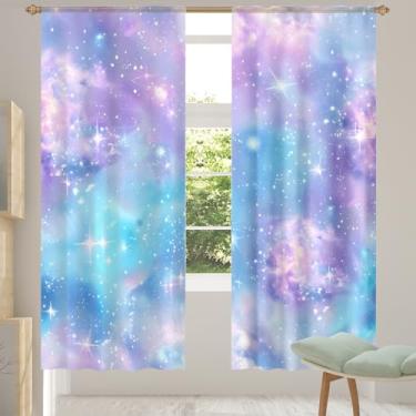 Imagem de 2 conjuntos de painéis, céu estrelado, colorido, galáxia, cortinas transparentes, arejadas, com filtro leve, painéis de cortina leve, cortina de janela de porta para sala de estar, quarto, jantar, 203