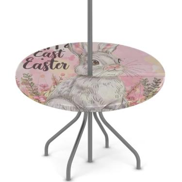 Imagem de hongjinglin Toalha de mesa de Páscoa para uso ao ar livre com orifício para guarda-chuva, toalha de mesa redonda elástica com zíper, impermeável, limpável, para piquenique, festa, pátio, serve para