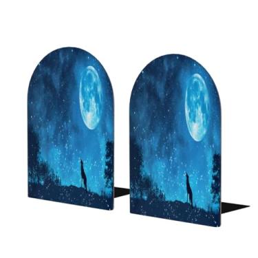 Imagem de Animal Lobo Galáxia Lua Grandes Suportes de Livros de Madeira Decorativos Antiderrapantes Resistentes Terminais de Livros para Escritório, Escritório, Biblioteca Escolar, Estudo, Decoração, Divisórias