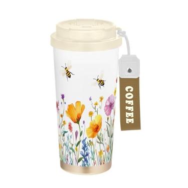 Imagem de SEHANY Caneca de viagem borboleta e flores de 482 ml Copos de café reutilizáveis revestidos de cerâmica com tampa à prova de vazamento, parede dupla, isolamento a vácuo, copo de café de aço inoxidável