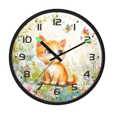 Imagem de SEHANY Relógio de parede de gato fofo, silencioso, sem tique-taque, operado por bateria, controle de som, luz noturna, relógios de parede para sala de estar, cozinha, quarto, escritório, decoração de