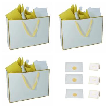 Imagem de JUNESHE Conjunto de 3 sacos de presente GG grandes brancos e dourados, sacos de papel de 39,9 cm com alças para cartão combinando, papel de seda branco e dourado para festa, compras, aniversário