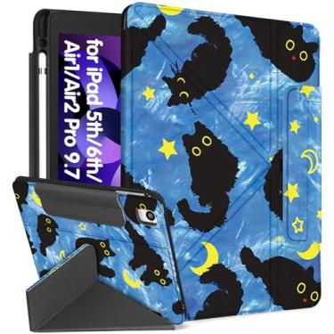 Imagem de Miss Adola Capa para iPad 6ª/5ª geração 2018/2017 para iPad Air 2ª/1ª Pro de 9,7 polegadas com suporte para lápis, desenho fofo de anime kawaii, capa para tablet para meninos e mulheres, gato lua azul