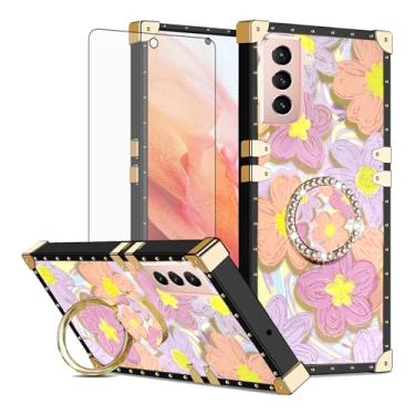 Imagem de Asuwish Capa de celular para Samsung Galaxy S21 5G 6,2 polegadas capa magnética com protetor de tela de vidro temperado e pintura flor anel protetor à prova de choque suporte rígido S 21 21S G5