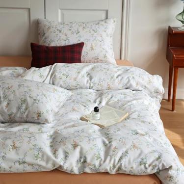 Imagem de HighBuy Conjunto de edredom cinza, tamanho GG, estilo boêmio, com flor azul, botânico, para todas as estações, decorativo, elegante, aconchegante e refrescante