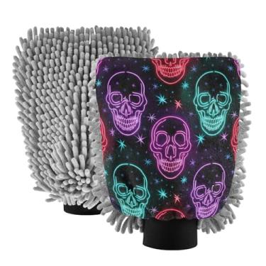 Imagem de STAYTOP Luvas legais para lavagem de carro com caveira, 2 peças, luvas de microfibra de chenille, sem arranhões, panos de esponja de lavagem ultra absorventes para carros, limpeza doméstica - M
