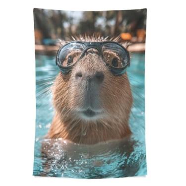 Imagem de STAYTOP Tapeçaria bonita capivara usando óculos tapeçarias para decoração de casa decoração de dormitório sala de estar quarto tapete de parede (90 × 60 pol)