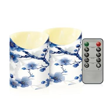 Imagem de Wassud Pacote com 2 velas em aquarela de flores de cerejeira sem chama com controle remoto, velas realistas cintilantes com temporizador, velas decorativas para Natal, casamento, festa, decoração de