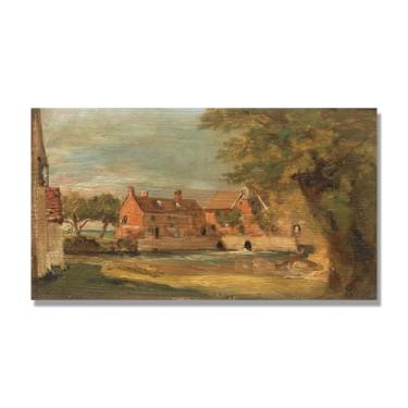 Imagem de NHLDZYH Arte em tela de paisagem estilo Constable, (sem título 73), pintura romântica do campo inglês, decoração de parede texturizada com pincelada pesada. Apenas tela de 40 x 72 cm - 15,8 x 28,3 pol