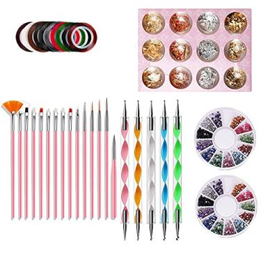 Imagem de Kit de Ferramentas para Arte Unhas Conjunto Pinceis Pintura Caneta Pontilhado Fita Linha Adesivo Rhinestones 3D Decoraçã