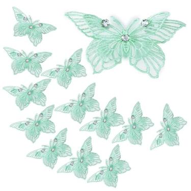 Imagem de FixrWre 12 peças 3D strass renda bordado borboletas apliques, costura artesanato dupla camada organza remendos para vestido de noiva casamento roupas chapéu cortina (verde)