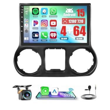 Imagem de Rádio de carro 4 + 64 G para Jeep Wrangler 2015 2016 2017 com CarPlay sem fio Android Auto, tela sensível ao toque Android de 10,1 polegadas para Jeep Wrangler estéreo de carro com Bluetooth 5.0, FM