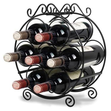 Imagem de Maypes Rack de vinho para bancada de 7 garrafas – 33 x 30,48 x 16,51 cm, rack de vinho de arame de ferro para bancada, bares ou armário de armazenamento – Suporte decorativo de vinho para mesa para garrafas Demi ou padrão – Armazenamento de vinho