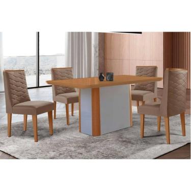 Imagem de Sala Jantar Mesa Pietá Tampo Curvo 120cm+4 Cadeiras Dafne Madeira Naturale/Off White - Capuccino/Suede Capuccino - Rufato